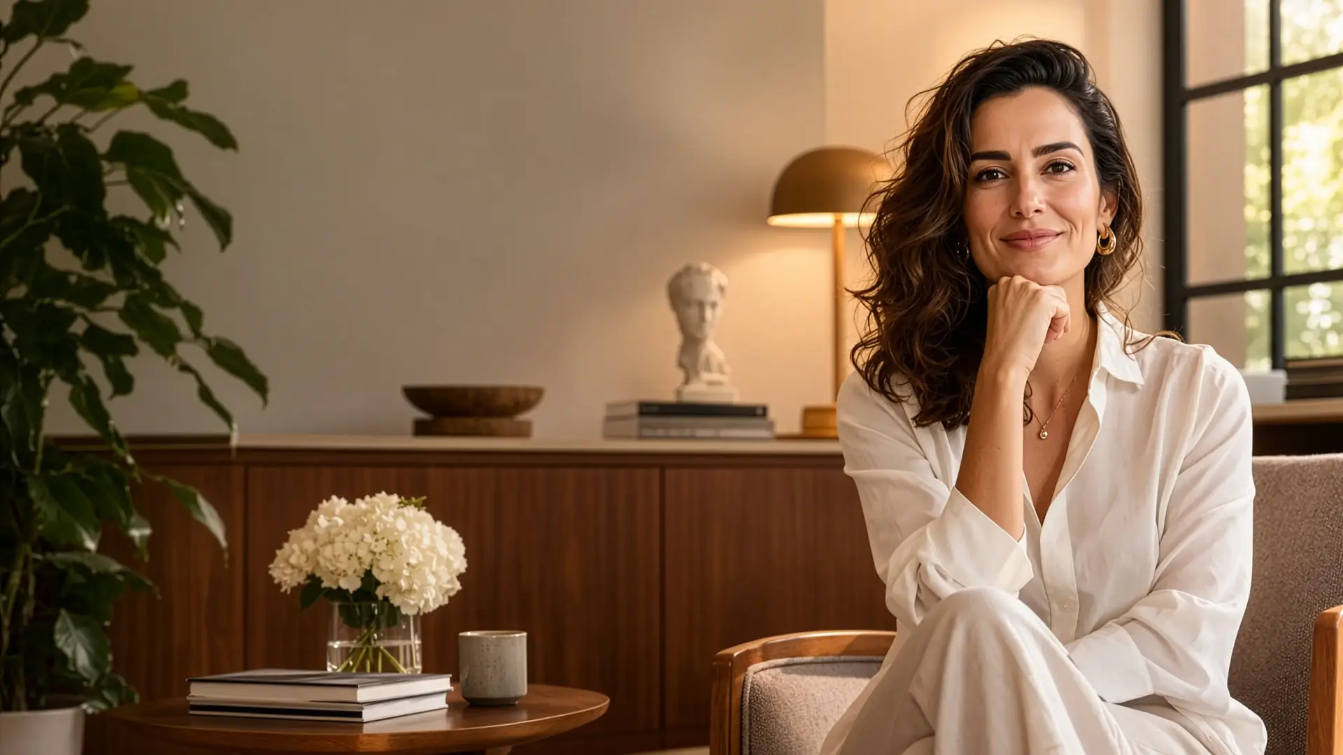 Beatriz Ruiz, psicóloga, sentada em uma poltrona no consultório, com a mão apoiada no queixo e um leve sorriso